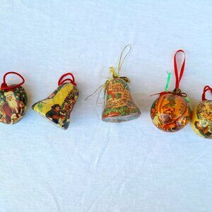 4/$20 sale Set of 5 Vintage Paper Mache Christmas Ornaments Santa, Music Notes